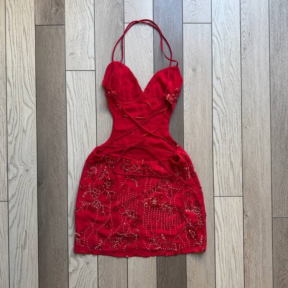 Edikted Annalee Backless Beaded Chiffon Mini Dress - Picture 5 of 9